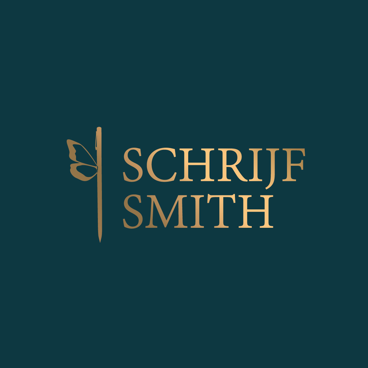 Logo Schrijf Smith, halve vlinder tegen streep met gouden letters Schrijf Smith onder elkaar ernaast
